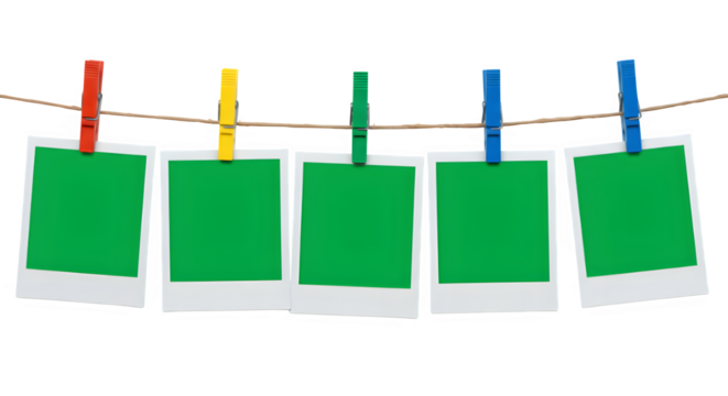 A row of five Chroma key Green format Polaroid frames pinned on a rope with clothespins, , isolated on white or transparent background. PNG