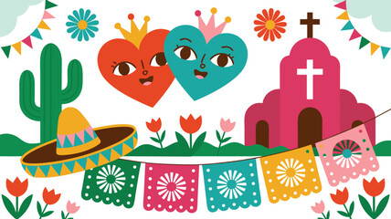 Fototapeta premium Colorful Mexican Party Illustration Hearts, Church, Sombrero, Cactus, Banners, Flowers, and Festive Decorations