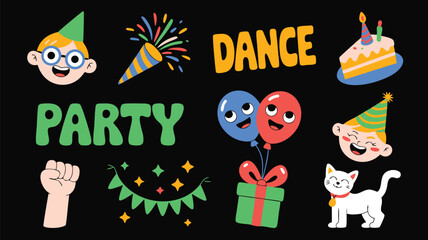 Fototapeta premium Colorful Party Featuring Cartoon Children, Balloons, Cake, Confetti, and Gift on Black Background