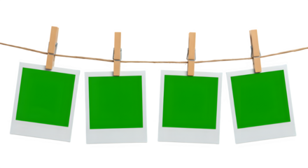 A row of four Chroma key Green format Polaroid frames pinned on a rope with clothespins, , isolated on white or transparent background. PNG