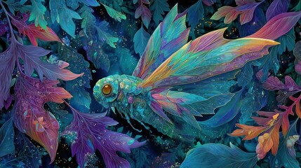 Fototapeta premium Dreamy moth with iridescent wings nestled in deep blue-green foliage