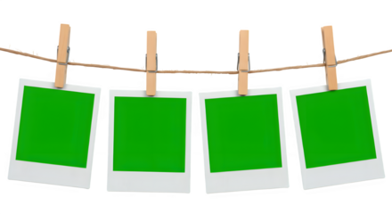 A row of four Chroma key Green format Polaroid frames pinned on a rope with clothespins, , isolated on white or transparent background. PNG