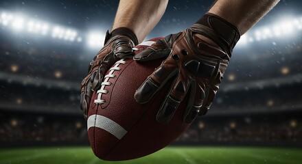 A close-up of a football player's gloved hands holding an American football in a large, brightly lit stadium at night.