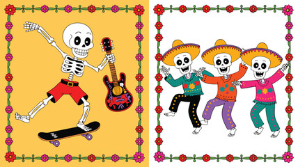 Day of the Dead Skeletons Skateboard, Guitarist, and Dancing Sombrero Friends in Floral Frame