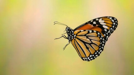 Fototapeta premium Close up of a monarch butterfly with orange and black wings against a blurred green and yellow background