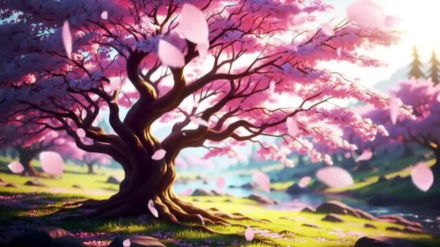A picturesque scene of a large cherry blossom tree near a gentle flowing stream area