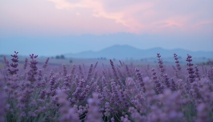 Fototapeta premium Field of soft lavender under pastel blue sky