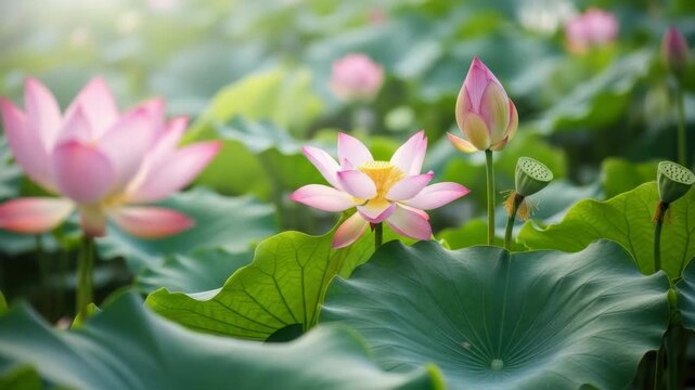 Blooming lotus with lotus leaves