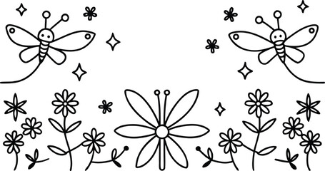 Vintage seamless floral pattern with black and white butterflies, flowers, and leaves