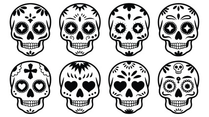 Eight Black and White Sugar Skulls with Floral and Geometric Designs Illustration