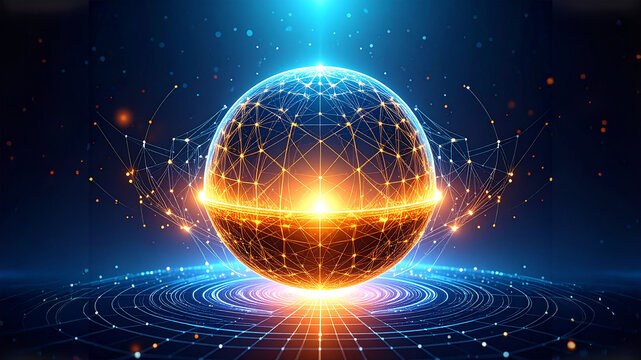 A glowing spherical representation of Earth, enveloped in a vibrant digital network of interconnected lines and nodes, radiating energy and symbolizing global communication, technology, and the digita