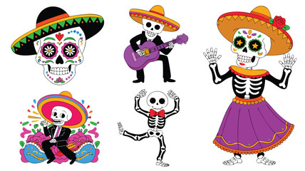 Five Colorful Cartoon Skeletons Celebrating Day of the Dead with Music and Dance