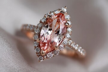 Close-up of rose gold marquise ring with pink gemstone and diamond accents