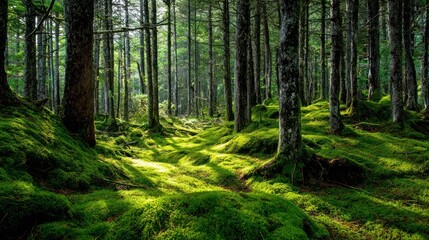 Lush forest floor bathed in sunlight