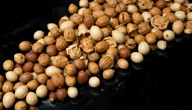 Assorted Nuts Including Shelled And Unshelled Varieties Arranged Artfully On Black Background