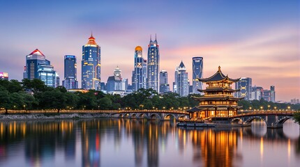 Naklejka premium Modern Cityscape with Traditional Architecture at Sunset