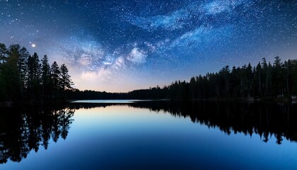 Fototapeta premium starry night sky reflecting on a calm lake with distant lights and silhouetted trees around