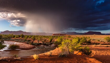 this dramatic image captures rain cascading down over an arid landscape highlighting the contrast between dryness and moisture while emphasizing the beauty of nature s cycles