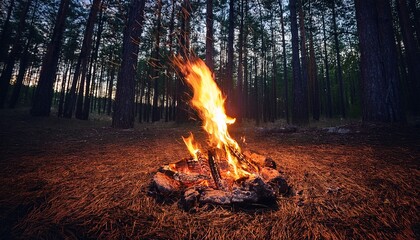 warm campfire glowing brightly in dark forest during evening