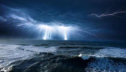 a dramatic lightning storm over a dark foreboding forest illuminating the trees in flashes of light