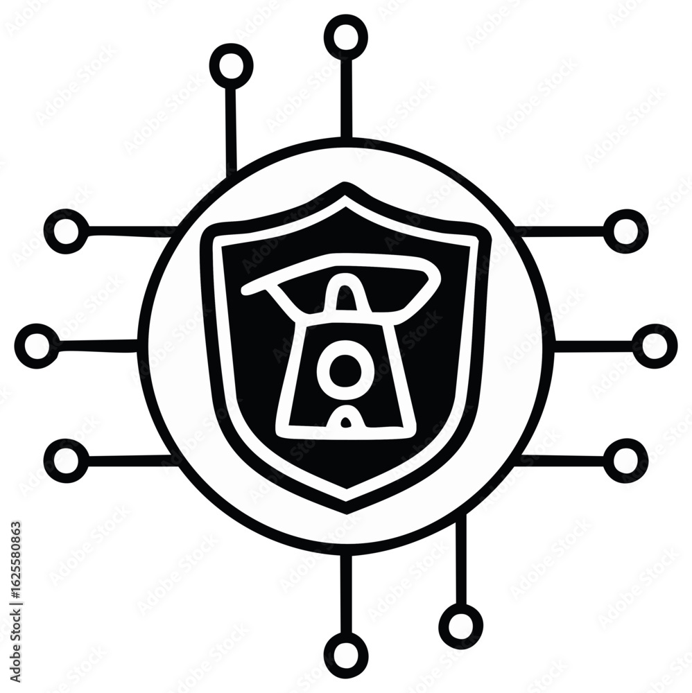 Poster cybersecurity shield with digital alert bell and interconnected network nodes icon