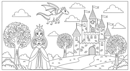 Princess Dragon and Castle Coloring Page.