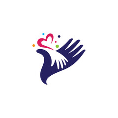 Creative and unique logo of children hand holding parent hand with heart shape element
