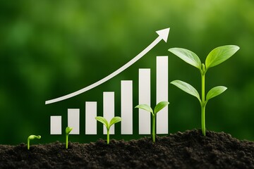 Small plants growing in sequence with a bar chart and upward arrow symbolizing business growth