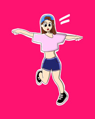 Funny Animated Girl in Cap and Sneakers