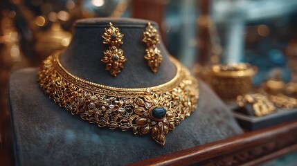 Elaborate gold choker necklace with dark gemstone and matching earrings