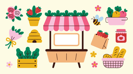 Fototapeta premium Whimsical Farmer's Market Illustration Featuring Fresh Produce, Flowers, Honey, and Baked Goods on Cream Background