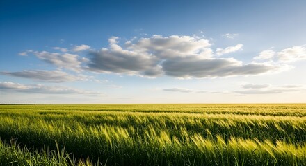 Obraz premium Lush Green Wheat Field Under a Blue Sky with Clouds at Sunset