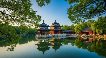 Fototapeta premium Traditional Architecture Reflected in Calm Lake at Sunrise