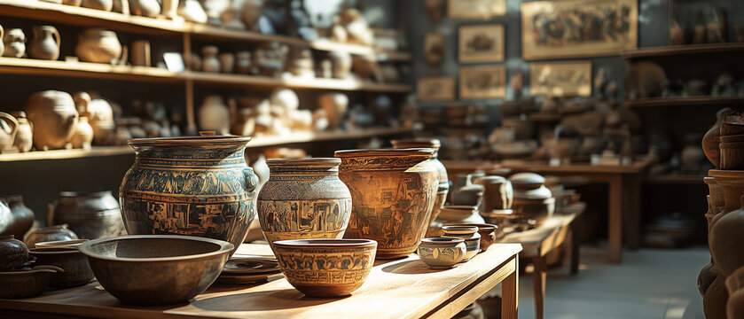 Traditional Greek pottery in artisan workshop, ultra widescreen