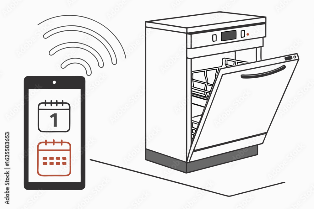 Poster smart dishwasher controlled by mobile app with calendar function silhouette isolated on white backgr
