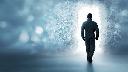 Obraz premium Man walking towards a bright light in a mystical atmosphere at dawn