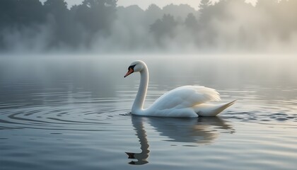 Obraz premium White swan gliding on still lake in morning mist