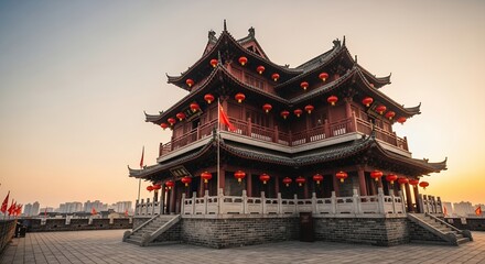 Traditional Architecture with Festive Lanterns at Dawn