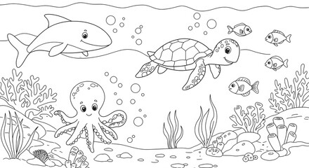 Obraz premium Underwater Coloring Page Shark Turtle Octopus Fish and Coral Reef Scene.
