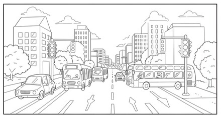 Fototapeta premium Urban Street Scene Colorful Cityscape with Traffic and Traffic Lights Ready for Coloring.
