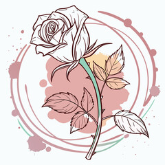 Elegant rose outline silhouette with abstract splashes isolated on white background