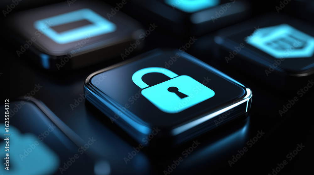 Aufkleber close-up of a modern keyboard with a lock icon for cybersecurity