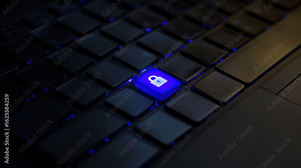 Poster keyboard with illuminated lock symbol highlighting security feature during late night use