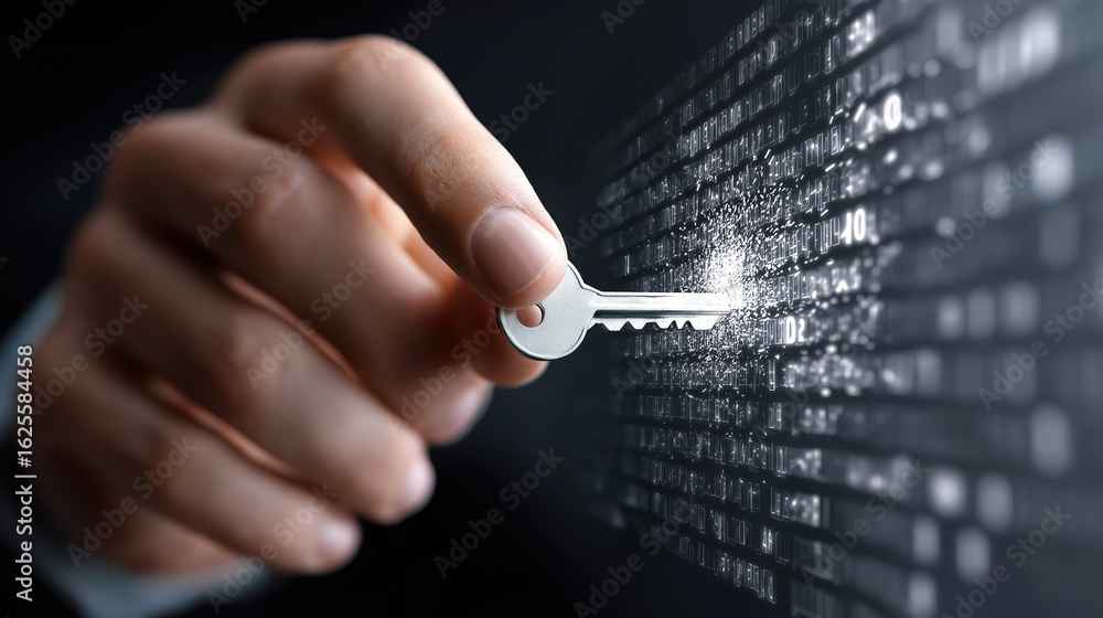 Poster digital security concept with a hand holding a key entering a coded wall