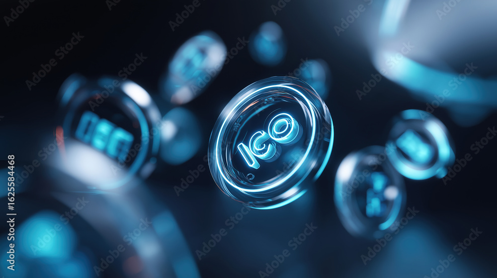 Aufkleber floating digital tokens featuring ico text illuminated in blue with dark background
