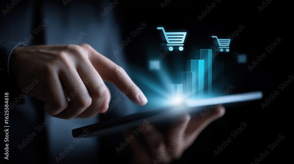 Poster man interacts with digital tablet to analyze e-commerce data and trends