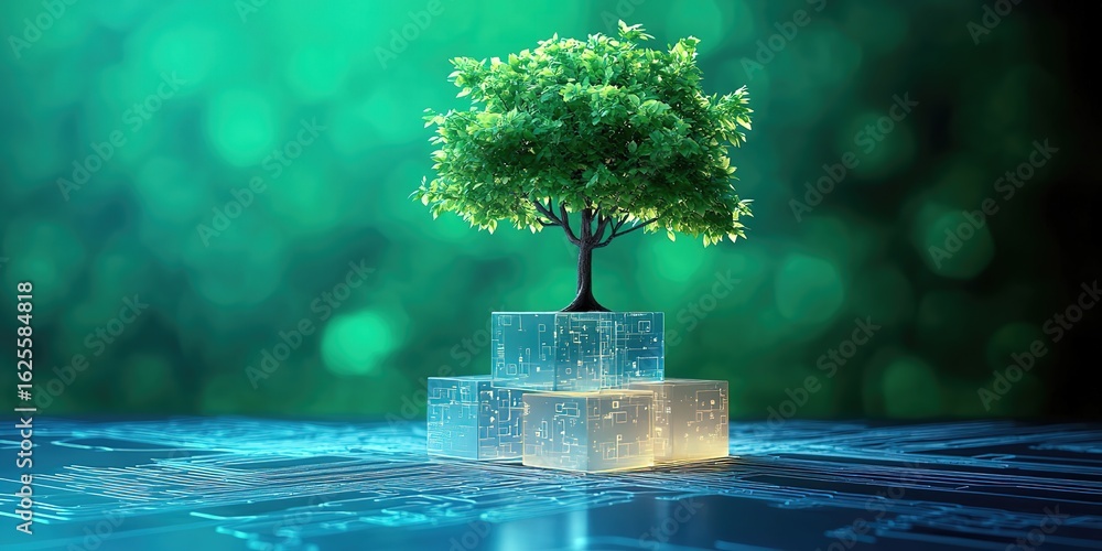 Poster tree encased in transparent glass blocks on triple-cube base with blue-green tech lines, futuristic 