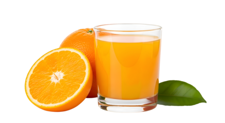 Fresh Orange Juice Fills Glass Near Sliced Fruit and Leaf on Dark Background Studio Shot