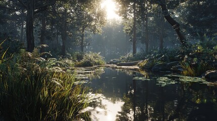 Obraz premium Serene forest pond reflecting the dawn s first light awakening nature with on transparent background