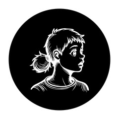 Captivating illustration of a young girl with a ponytail and surprised expression in monochrome simplicity a portrait